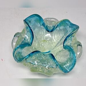 Vintage Murano Flower Form Art Glass Blue/Clear With Gold Flecks Ashtray